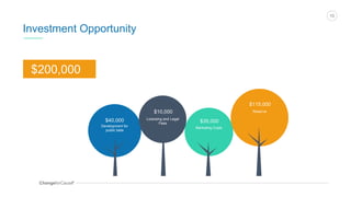 ChangeforCauseTM
10
Investment Opportunity
$200,000
Development for
public beta
$40,000 Licensing and Legal
Fees
$10,000
Marketing Costs
$35,000
Reserve
$115,000
 