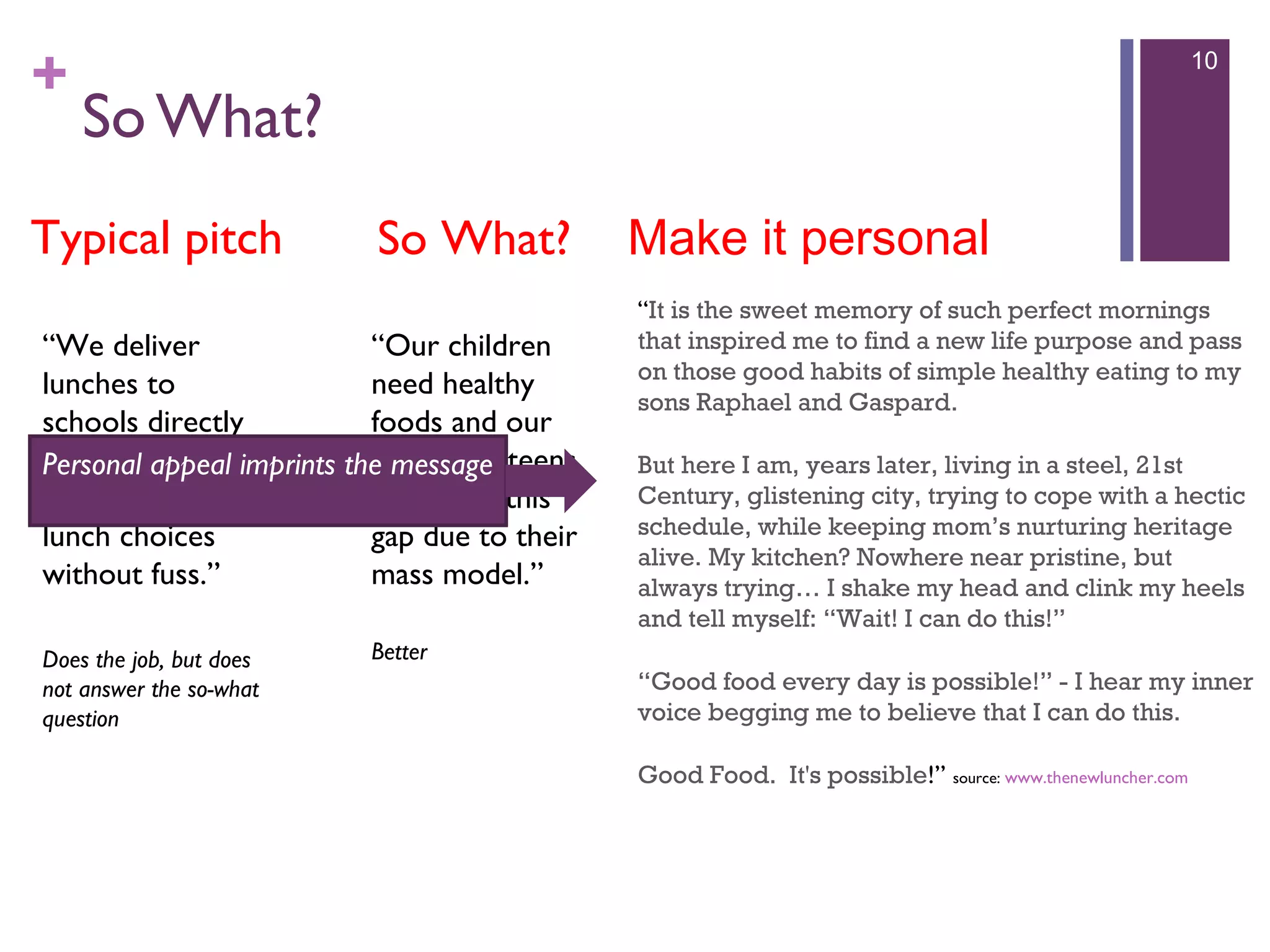 +
So What?
10
“We deliver
lunches to
schools directly
so students can
have healthy
lunch choices
without fuss.”
Does the job, but does
not answer the so-what
question
“Our children
need healthy
foods and our
school canteens
cannot fill this
gap due to their
mass model.”
Better
“It is the sweet memory of such perfect mornings
that inspired me to find a new life purpose and pass
on those good habits of simple healthy eating to my
sons Raphael and Gaspard.
But here I am, years later, living in a steel, 21st
Century, glistening city, trying to cope with a hectic
schedule, while keeping mom’s nurturing heritage
alive. My kitchen? Nowhere near pristine, but
always trying… I shake my head and clink my heels
and tell myself: “Wait! I can do this!”
“Good food every day is possible!” - I hear my inner
voice begging me to believe that I can do this.
Good Food.  It's possible!” source: www.thenewluncher.com
Typical pitch So What? Make it personal
Personal appeal imprints the message
 