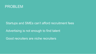 PROBLEM
Startups and SMEs cant afford recruitment fees
Advertising is not enough to find talent
Good recruiters are niche recruiters
 