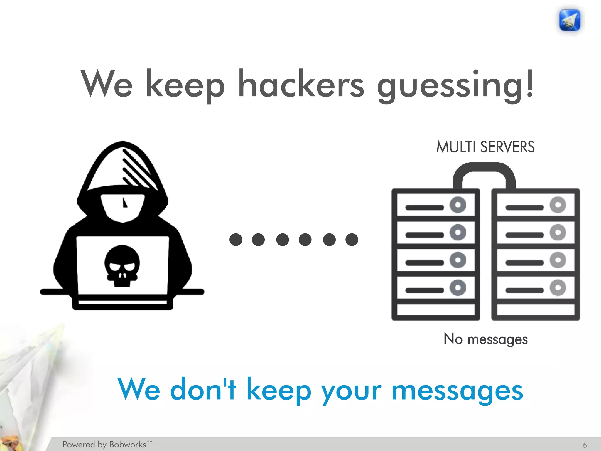 Powered by Bobworks™
We keep hackers guessing!
6
No messages
MULTI SERVERS
We don't keep your messages
 