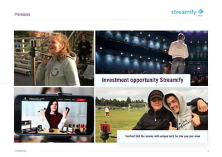 1
Investment opportunity Streamify
Pitchdeck
Veriﬁed 54X the money with unique tech for live pay-per-view
Conﬁdential
 