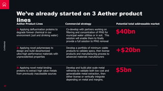 Confidential
We’ve already started on 3 Aether product
lines
1: Applying defluorination proteins to
degrade forever chemical in our
environment (soil and drinking water)
2: Applying novel polymerases to
design and build decarbonized
ultra-high performance materials with
unprecedented properties
3: Applying novel metal binding
proteins to extract high value metals
from previously inaccessible sources
Commercial strategy Potential total addressable market
Co-develop with partners working on
filtering and concentration of PFAS for
municipal water utilities or in soil. This
solution will enable them to finally
provide a full solution to PFAS removal
Develop a portfolio of minimum viable
products to validate specs, then license
products and manufacturing process to
advanced materials manufacturers
Develop and build pilot scale metal
refineries to validate both low cost and
generalizable metal extraction, then
either license or vertically integrate
depending on metal and margins.
$40bn
+$20bn
$5bn
Aether Product Lines
17
 