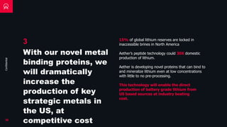 Confidential
15% of global lithium reserves are locked in
inaccessible brines in North America
20
Aether’s peptide technology could 30X domestic
production of lithium.
Aether is developing novel proteins that can bind to
and mineralize lithium even at low concentrations
with little to no pre-processing.
This technology will enable the direct
production of battery grade lithium from
US based sources at industry beating
cost.
3
With our novel metal
binding proteins, we
will dramatically
increase the
production of key
strategic metals in
the US, at
competitive cost
 