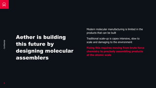 Confidential
Aether is building
this future by
designing molecular
assemblers
3
Modern molecular manufacturing is limited in the
products that can be built
Traditional scale-up is capex intensive, slow to
scale and damaging to the environment
Fixing this requires moving from brute force
chemistry to precisely assembling products
at the atomic scale
 