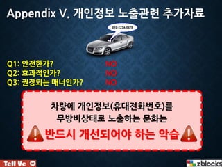 Q1: 안전한가? NO
Q2: 효과적인가? NO
Q3: 권장되는 매너인가? NO
010-1234-5678
차량에 개인정보(휴대전화번호)를
무방비상태로 노출하는 문화는
반드시 개선되어야 하는 악습
Appendix V. 개인정보 노출관련 추가자료
 