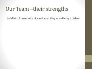 Our Team –their strengths 
(brief bio of team, with pics and what they would bring to table) 
 