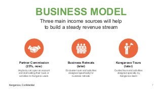 Kangarooo, Confidential
BUSINESS MODEL
Three main income sources will help
to build a steady revenue stream
Kangarooo, Confidential
Partner Commission
(25%, now)
Anybody can open an account
and start selling their tours or
activities to Kangaroo users
Business Retreats
(later)
Exclusive tours and activities
designed specifically for
business retreats
Kangarooo Tours
(later)
Guided tours and activities
designed specially by
Kangarooo team
7
 