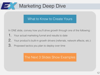 Marketing Deep Dive
In ONE slide, convey how you’ll drive growth through one of the following :
1. Your actual marketing funnel and results to date
2. Your product’s built-in growth drivers (referrals, network effects, etc.)
3. Proposed tactics you plan to deploy over time
The Next 3 Slides Show Examples
12
What to Know to Create Yours
 
