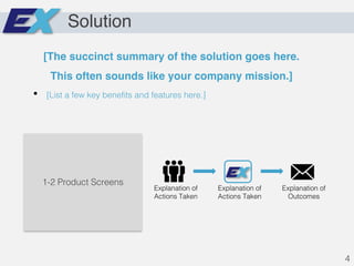 Solution
Explanation of
Actions Taken
Explanation of
Actions Taken
Explanation of
Outcomes
1-2 Product Screens
[The succinct summary of the solution goes here.
This often sounds like your company mission.]
• [List a few key benefits and features here.]
4
 