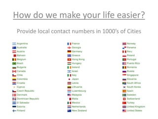 How do we make your life easier?
Provide local contact numbers in 1000’s of Cities
 