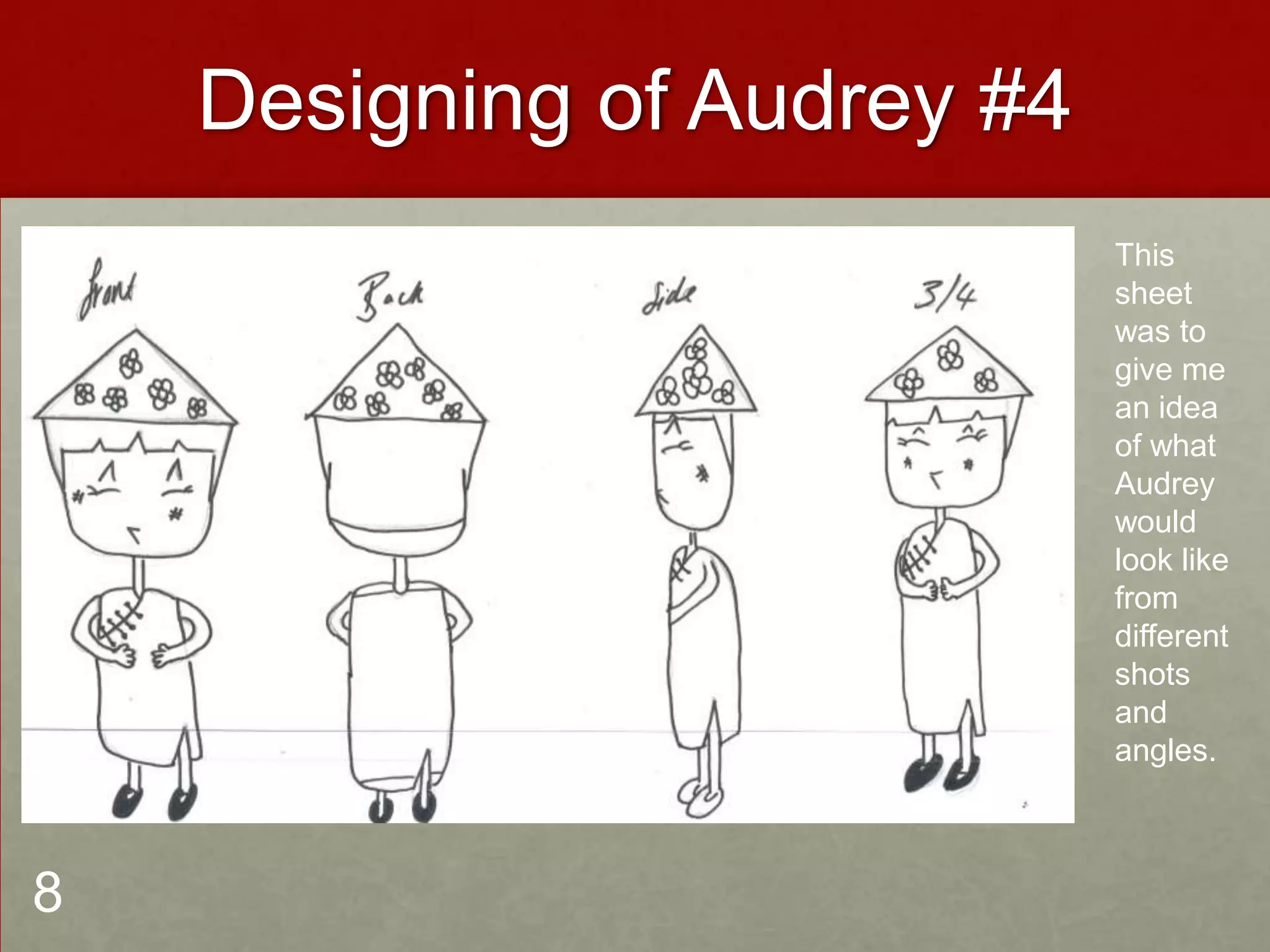 Designing of Audrey #4
This
sheet
was to
give me
an idea
of what
Audrey
would
look like
from
different
shots
and
angles.
8
 