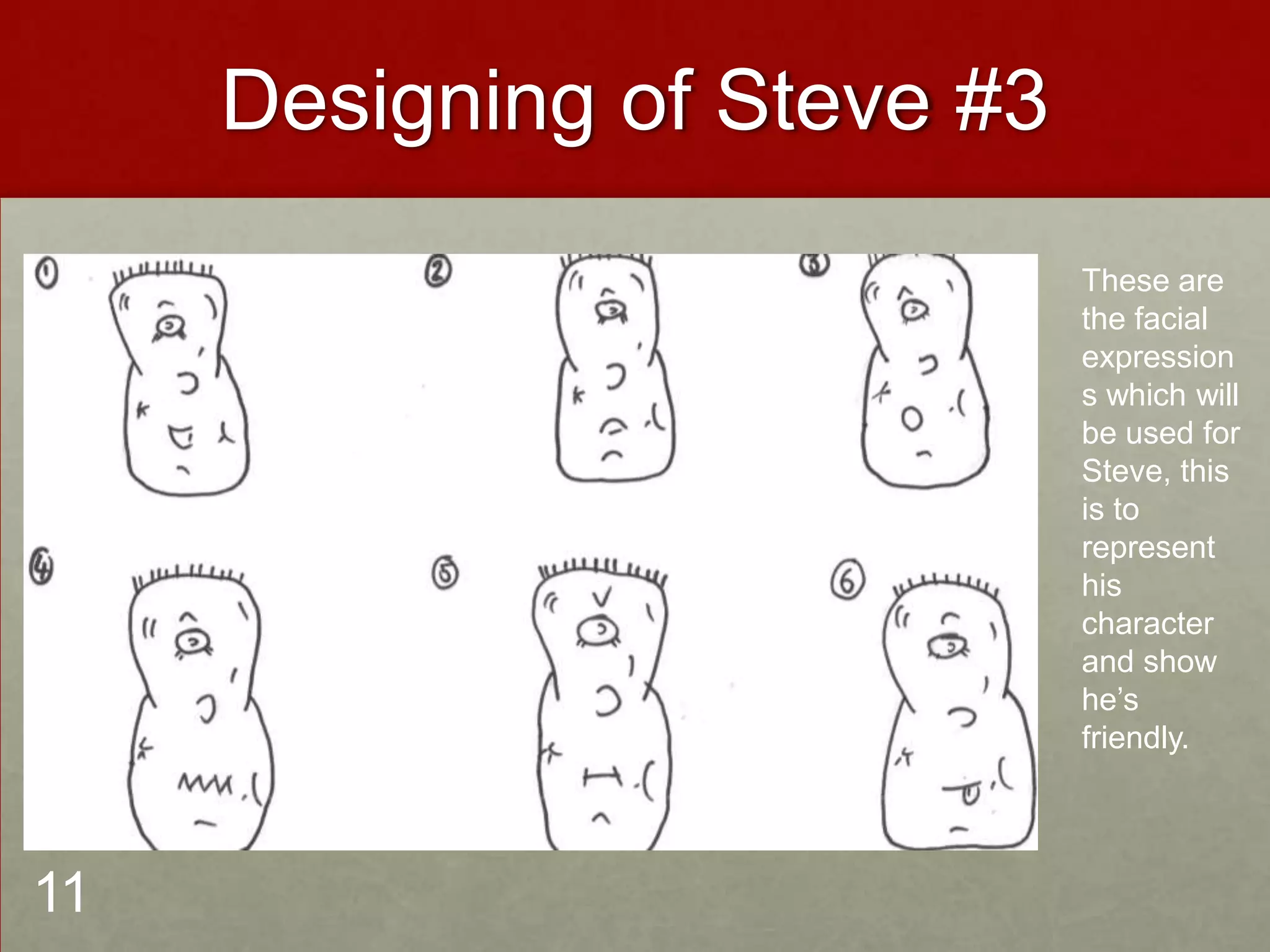 Designing of Steve #3
These are
the facial
expression
s which will
be used for
Steve, this
is to
represent
his
character
and show
he’s
friendly.
11
 