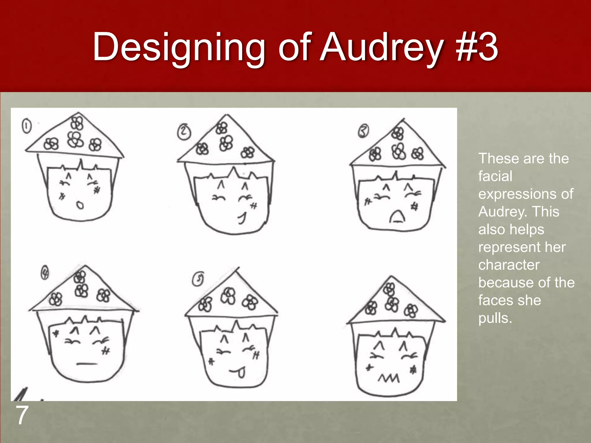 Designing of Audrey #3
These are the
facial
expressions of
Audrey. This
also helps
represent her
character
because of the
faces she
pulls.
7
 