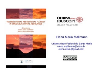 Elena Maria Mallmann
Universidade Federal de Santa Maria
elena.mallmann@ufsm.br
elena.ufsm@gmail.com
 