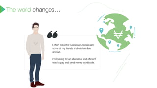 The world changes…
I often travel for business purposes and
some of my friends and relatives live
abroad.
I’m looking for an alternative and efﬁcient
way to pay and send money worldwide.
 