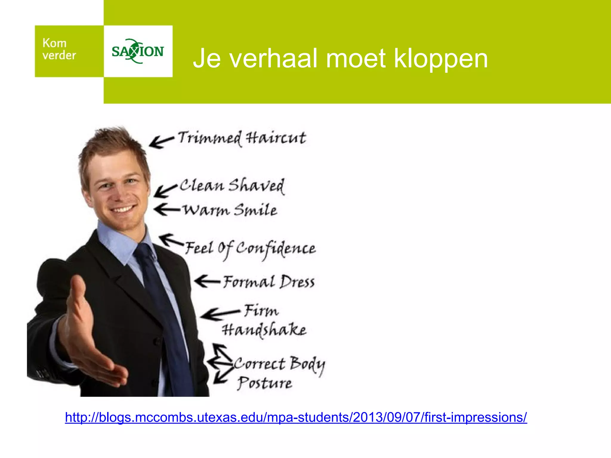 Je verhaal moet kloppen

http://blogs.mccombs.utexas.edu/mpa-students/2013/09/07/first-impressions/

 