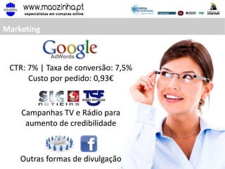 CTR: 7% | Taxa de conversão: 7,5%
Custo por pedido: 0,93€
Campanhas TV e Rádio para
aumento de credibilidade
Outras formas de divulgação
Marketing
 