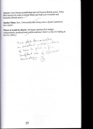 Actors: Liam Neeson (established and well known British actor), Tobin
Bell (known for roles hi horror-films) and Jude Law (versatile and
bankable British actor."

Similar Films: Saw, Untraceable'''md Along came a Spider (narrative)
Saw (style)

Where it would be shown: Art house cinemas (low budget,
independently produced and a niche audience: there's a risk of it failing at
the box office.)        M//'



                              -



                  c*



                                               L>
 