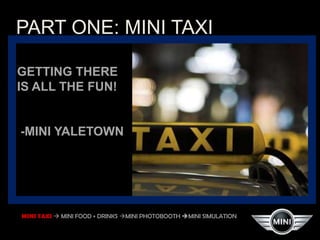 PART TWO: MINI STOP
CAMPUS BLOCK
PARTY.
MINI TAXI  MINI FOOD + DRINKS MINI PHOTOBOOTH MINI SIMULATION
DONE THE MINI WAY.
 