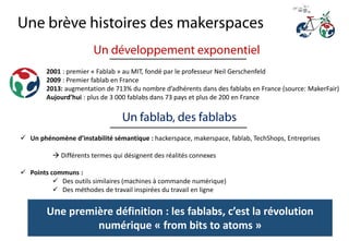  Un phénomène d’instabilité sémantique : hackerspace, makerspace, fablab, TechShops, Entreprises
 Différents termes qui désignent des réalités connexes
 Points communs :
 Des outils similaires (machines à commande numérique)
 Des méthodes de travail inspirées du travail en ligne
2001 : premier « Fablab » au MIT, fondé par le professeur Neil Gerschenfeld
2009 : Premier fablab en France
2013: augmentation de 713% du nombre d’adhérents dans des fablabs en France (source: MakerFair)
Aujourd’hui : plus de 3 000 fablabs dans 73 pays et plus de 200 en France
Une première définition : les fablabs, c’est la révolution
numérique « from bits to atoms »
 