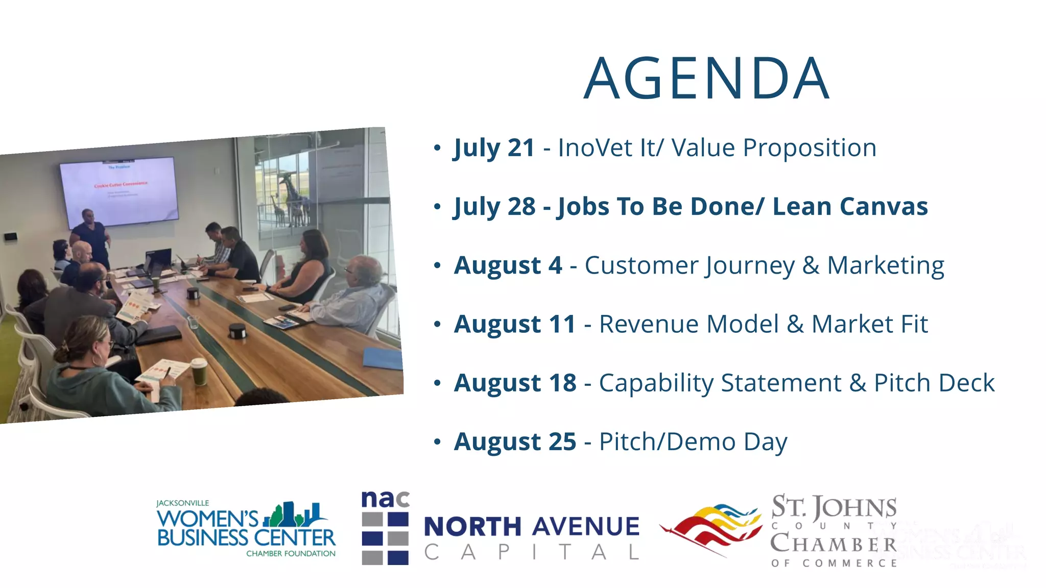 • July 21 - InoVet It/ Value Proposition
• July 28 - Jobs To Be Done/ Lean Canvas
• August 4 - Customer Journey & Marketing
• August 11 - Revenue Model & Market Fit
• August 18 - Capability Statement & Pitch Deck
• August 25 - Pitch/Demo Day
AGENDA