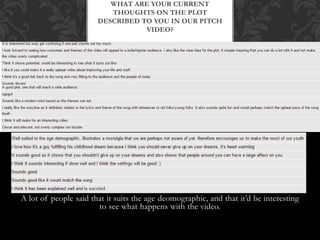 WHAT ARE YOUR CURRENT
THOUGHTS ON THE PLOT
DESCRIBED TO YOU IN OUR PITCH
VIDEO?
A lot of people said that it suits the age deomographic, and that it’d be interesting
to see what happens with the video.
 