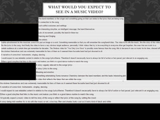 WHAT WOULD YOU EXPECT TO
SEE IN A MUSIC VIDEO?
 