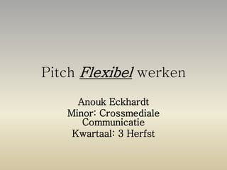 Pitch Flexibel werken
Anouk Eckhardt
Minor: Crossmediale
Communicatie
Kwartaal: 3 Herfst
 