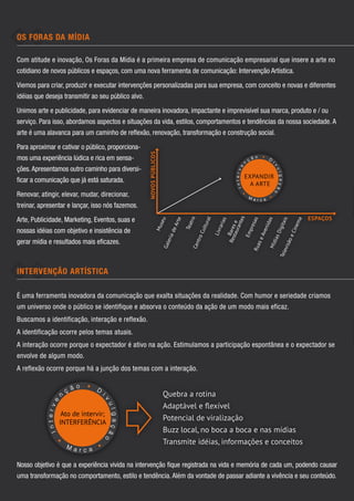 Os Foras da Mídia

Com atitude e inovação, Os Foras da Mídia é a primeira empresa de comunicação empresarial que insere a arte no
cotidiano de novos públicos e espaços, com uma nova ferramenta de comunicação: Intervenção Artística.

Viemos para criar, produzir e executar intervenções personalizadas para sua empresa, com conceito e novas e diferentes
idéias que deseja transmitir ao seu público alvo.

Unimos arte e publicidade, para evidenciar de maneira inovadora, impactante e imprevisível sua marca, produto e / ou
serviço. Para isso, abordamos aspectos e situações da vida, estilos, comportamentos e tendências da nossa sociedade. A
arte é uma alavanca para um caminho de reflexão, renovação, transformação e construção social.

Para aproximar e cativar o público, proporciona-
                                                    NOVOS PÚBLICOS
mos uma experiência lúdica e rica em sensa-
ções. Apresentamos outro caminho para diversi-
                                                                                                               EXPANDIR
ficar a comunicação que já está saturada.
                                                                                                                 A ARTE
Renovar, atingir, elevar, mudar, direcionar,
treinar, apresentar e lançar, isso nós fazemos.

Arte, Publicidade, Marketing, Eventos, suas e                                                                                       ESPAÇOS


                                                                                                                              tes
                                                                                      ro


                                                                                                 l
                                                                     seu


                                                                                e




                                                                                                                             sas

                                                                                                                              as


                                                                                                                                s

                                                                                                                             ma
                                                                                                                             ias
                                                                                               ura




                                                                                                                           itai
                                                                            Ar t




                                                                                                                     tau e
                                                                                        t




                                                                                                                         nid
                                                                                                                         ran
                                                                                    Tea




                                                                                                       rar




                                                                                                                        ine
                                                                                                                       pre
                                                                                                                 ResBares
                                                             Mu




                                                                                                ult




nossas idéias com objetivo e insistência de




                                                                                                                      Dig
                                                                           de




                                                                                                                     Ave
                                                                                                      Liv




                                                                                                                    eC
                                                                                                                    Em
                                                                                            ro C
                                                                       eria




                                                                                                                  ias
gerar mídia e resultados mais eficazes.

                                                                                                                 se




                                                                                                                são
                                                                                           t




                                                                                                             Míd
                                                                                       Cen
                                                                      Gal




                                                                                                            Rua




                                                                                                            evi
                                                                                                        Tel
Intervenção Artística

É uma ferramenta inovadora da comunicação que exalta situações da realidade. Com humor e seriedade criamos
um universo onde o público se identifique e absorva o conteúdo da ação de um modo mais eficaz.
Buscamos a identificação, interação e reflexão.
A identificação ocorre pelos temas atuais.
A interação ocorre porque o expectador é ativo na ação. Estimulamos a participação espontânea e o expectador se
envolve de algum modo.
A reflexão ocorre porque há a junção dos temas com a interação.


                                                                      Quebra a rotina
                                                                      Adaptável e ﬂexível
                 Ato de intervir;
                                                                      Potencial de viralização
                INTERFERÊNCIA
                                                                      Buzz local, no boca a boca e nas mídias
                                                                      Transmite idéias, informações e conceitos

Nosso objetivo é que a experiência vivida na intervenção fique registrada na vida e memória de cada um, podendo causar
uma transformação no comportamento, estilo e tendência. Além da vontade de passar adiante a vivência e seu conteúdo.
 