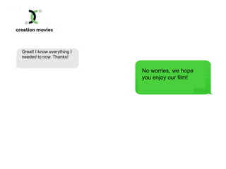 Great! I know everything I
needed to now. Thanks!
No worries, we hope
you enjoy our film!
 