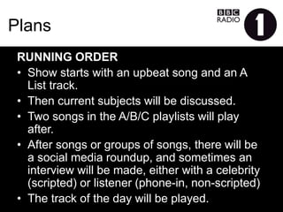 Plans
RUNNINGORDER
•  Show starts with an upbeat song and an A List track.
•  Then current subjects will be discussed.
•  Two songs in the A/B/C playlists will play after.
•  After songs or groups of songs, there will be a social media
roundup, and sometimes an interview will be made, either
with a celebrity (scripted) or listener (phone-in, non-
scripted)
•  The track of the day will be played.
 