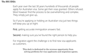 Each year over the last 30 years hundreds of thousands of people
apply for Australian visa. Some get their visas granted. Others refused.
Most however find the process to be overwhelming and complex.
They simply just give up.
So if you’re applying or holding an Australian visa just two things
will keep you up at night:
First, getting accurate immigration answers fast.
Second, making sure you’ve found the right person to help you.
For migration agent the challenge is to find new visa applicants
as customers.
This deck is dedicated to the revenue opportunity from
solving problems for visa applicants and migration agents.
The BIG IDEA
 