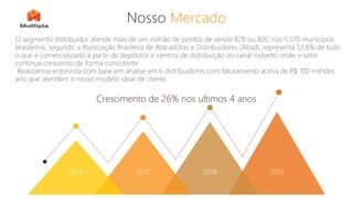 Nosso Mercado
2016 2017 2018 2019
Crescimento de 26% nos ultimos 4 anos
O segmento distribuidor atende mais de um milhão de pontos de venda B2B ou B2C nos 5.570 municípios
brasileiros, segundo a Associação Brasileira de Atacadistas e Distribuidores (Abad), representa 53,6% de tudo
o que é comercializado a partir de depósitos e centros de distribuição do canal indireto, onde o setor
continua crescendo de forma consistente.
Realizamos entrevista com base em analise em 6 distribuidores com faturamento acima de R$ 100 milhões
ano que atendem o nosso modelo ideal de cliente.
 