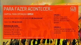 PARA FAZER ACONTECER...
CAPITAL PARA OPERAÇÃO (OPEX)
VALOR PARA GIRAR EM UM ANO DE R$ 600.000,00*
Valor mês: R$ 50.000,00
Estrutura de custo:
Pessoal: R$ 35.000,00
Comercial: R$ 12.000,00
Estrutura: R$ 1000,00
Marketing: R$ 2.000,00
*como os custos são mensais, os aportes podem acompanhara necessidade mensal.
OPÇÃO 1
Aporte único, com
recurso atrelado a
Escrow Account para
gestão;
OPÇÃO 2
Aporte mensal por parte do
investidor, durante um ano de
operação;
 