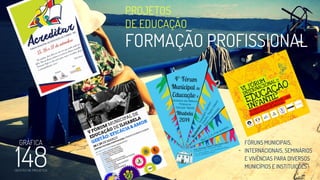 PROJETOS
DE EDUCAÇÃO
FORMAÇÃO PROFISSIONAL
FÓRUNS MUNICIPAIS,
INTERNACIONAIS, SEMINÁRIOS
E VIVÊNCIAS PARA DIVERSOS
MUNICÍPIOS E INSTITUIÇÕES
 