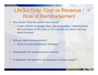 •  How	
  you	
  get	
  your	
  customers	
  and	
  costs	
  	
  
•  How	
  you	
  actually	
  deliver	
  solution	
  to	
  customers	
  (trucks,	
  distributors	
  or	
  click?)	
  
•  Go-­‐to-­‐Market	
  and	
  General	
  Marketing	
  strategies	
  
•  How	
  you	
  incentivize	
  and	
  compensate	
  sales	
  (if	
  applicable)	
  
•  Explain	
  geography	
  and	
  expansion	
  strategy	
  (scaling	
  or	
  growth	
  issues)	
  
•  Discuss	
  critical	
  distribution	
  partners,	
  options	
  and	
  roadblocks	
  
•  Core	
  business	
  vs.	
  non-­‐core	
  business	
  	
  
•  potential	
  licensing	
  or	
  spin-­‐oﬀ	
  opportunity	
  
•  Conversion	
  metrics	
  (identiﬁcation	
  >	
  lead	
  >	
  sales	
  process	
  >	
  conversion)	
  
Sales	
  and	
  Distribution	
  Model	
  
#TCNlive
 