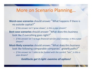 •  Know	
  your	
  material	
  cold!	
  	
  Don't	
  wing	
  it.	
  	
  
•  DON'T	
  READ	
  your	
  presentation.	
  	
  	
  
•  You	
  should	
  have	
  answers	
  to	
  likely	
  questions.	
  
•  Be	
  clear	
  when	
  you	
  don't	
  know	
  an	
  answer	
  –	
  then	
  follow	
  up.	
  	
  
•  When	
  possible,	
  know	
  the	
  room.	
  Arrive	
  early,	
  walk	
  around	
  the	
  speaking	
  area	
  and	
  
practice	
  using	
  the	
  microphone	
  and	
  any	
  visual	
  aids.	
  	
  
•  Body	
  language	
  and	
  appearance	
  =	
  50%	
  of	
  the	
  pitch	
  
•  Prioritize	
  and	
  eliminate	
  less	
  critical	
  points.	
  	
  	
  
•  Be	
  ﬂexible	
  –	
  be	
  prepared	
  to	
  be	
  interrupted.	
  	
  
•  Understand	
  the	
  goal	
  of	
  your	
  presentation.	
  	
  	
  Is	
  it	
  to	
  inspire,	
  to	
  educate,	
  to	
  
connect,	
  to	
  get	
  attention,	
  to	
  get	
  a	
  second	
  more	
  personal	
  meeting?	
  	
  	
  
Presentation	
  Skills:	
  Part	
  I	
  
#TCNlive
 