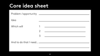 29
Core idea sheet
Problem /opportunity
Idea
Which will
And to do that I need…
1 
2
3
 