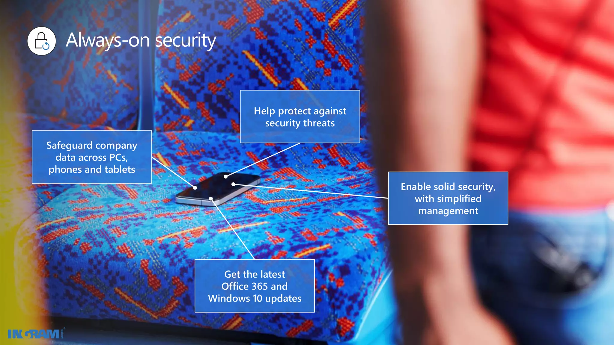 Always-on security
Enable solid security,
with simplified
management
Help protect against
security threats
Safeguard company
data across PCs,
phones and tablets
Get the latest
Office 365 and
Windows 10 updates
 