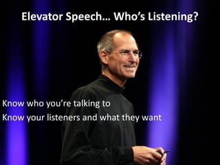 Elevator Speech… Who’s Listening?
Know who you’re talking to
Know your listeners and what they want
 