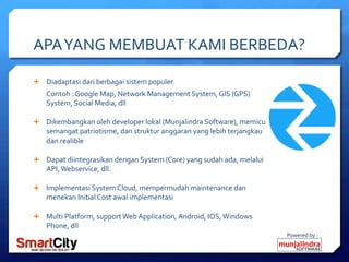 Powered	
 by	
 :	
 
APA	
 YANG	
 MEMBUAT	
 KAMI	
 BERBEDA?	
 
Ê  Diadaptasi	
 dari	
 berbagai	
 sistem	
 populer	
 
Contoh	
 :	
 Google	
 Map,	
 Network	
 Management	
 System,	
 GIS	
 (GPS)	
 	
 
System,	
 Social	
 Media,	
 dll	
 
Ê  Dikembangkan	
 oleh	
 developer	
 lokal	
 (Munjalindra	
 Software),	
 memicu	
 
semangat	
 patriotisme,	
 dan	
 struktur	
 anggaran	
 yang	
 lebih	
 terjangkau	
 
dan	
 realible	
 
Ê  Dapat	
 diintegrasikan	
 dengan	
 System	
 (Core)	
 yang	
 sudah	
 ada,	
 melalui	
 
API,	
 Webservice,	
 dll.	
 	
 
Ê  Implementasi	
 System	
 Cloud,	
 mempermudah	
 maintenance	
 dan	
 
menekan	
 Initial	
 Cost	
 awal	
 implementasi	
 
Ê  Multi	
 Platform,	
 support	
 Web	
 Application,	
 Android,	
 IOS,	
 Windows	
 
Phone,	
 dll	
 
 
