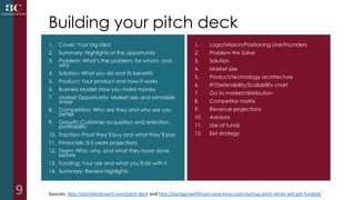 Building your pitch deck
1. Cover: Your big idea
2. Summary: Highlights of the opportunity
3. Problem: What’s the problem,...