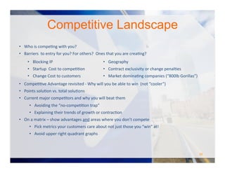 •  Who	
  is	
  compeOng	
  with	
  you?	
  	
  
•  Barriers	
  	
  to	
  entry	
  for	
  you?	
  For	
  others?	
  	
  Ones	
  that	
  you	
  are	
  creaOng?	
  	
  
Competitive Landscape
10	
  
•  Blocking	
  IP	
  
•  Startup	
  	
  Cost	
  to	
  compeOOon	
  	
  
•  Change	
  Cost	
  to	
  customers	
  
•  Geography	
  
•  Contract	
  exclusivity	
  or	
  change	
  penalOes	
  
•  Market	
  dominaOng	
  companies	
  (“800lb	
  Gorillas”)	
  
•  CompeOOve	
  Advantage	
  revisited	
  -­‐	
  Why	
  will	
  you	
  be	
  able	
  to	
  win	
  	
  (not	
  “cooler”)	
  	
  
•  Points	
  soluOon	
  vs.	
  total	
  soluOons	
  
•  Current	
  major	
  compeOtors	
  and	
  why	
  you	
  will	
  beat	
  them	
  
•  Avoiding	
  the	
  “no-­‐compeOOon	
  trap”	
  
•  Explaining	
  their	
  trends	
  of	
  growth	
  or	
  contracOon	
  
•  On	
  a	
  matrix	
  –	
  show	
  advantages	
  and	
  areas	
  where	
  you	
  don’t	
  compete	
  
•  Pick	
  metrics	
  your	
  customers	
  care	
  about	
  not	
  just	
  those	
  you	
  “win”	
  at!	
  
•  Avoid	
  upper	
  right	
  quadrant	
  graphs	
  
 