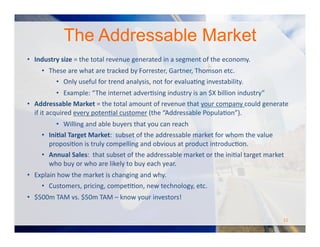 •  Industry	
  size	
  =	
  the	
  total	
  revenue	
  generated	
  in	
  a	
  segment	
  of	
  the	
  economy.	
  	
  
•  These	
  are	
  what	
  are	
  tracked	
  by	
  Forrester,	
  Gartner,	
  Thomson	
  etc.	
  
•  Only	
  useful	
  for	
  trend	
  analysis,	
  not	
  for	
  evaluaOng	
  investability.	
  	
  
•  Example:	
  “The	
  internet	
  adverOsing	
  industry	
  is	
  an	
  $X	
  billion	
  industry”	
  
•  Addressable	
  Market	
  =	
  the	
  total	
  amount	
  of	
  revenue	
  that	
  your	
  company	
  could	
  generate	
  
if	
  it	
  acquired	
  every	
  potenOal	
  customer	
  (the	
  “Addressable	
  PopulaOon”).	
  
•  Willing	
  and	
  able	
  buyers	
  that	
  you	
  can	
  reach	
  
•  Ini>al	
  Target	
  Market:	
  	
  subset	
  of	
  the	
  addressable	
  market	
  for	
  whom	
  the	
  value	
  
proposiOon	
  is	
  truly	
  compelling	
  and	
  obvious	
  at	
  product	
  introducOon.	
  
•  Annual	
  Sales:	
  	
  that	
  subset	
  of	
  the	
  addressable	
  market	
  or	
  the	
  iniOal	
  target	
  market	
  
who	
  buy	
  or	
  who	
  are	
  likely	
  to	
  buy	
  each	
  year.	
  
•  Explain	
  how	
  the	
  market	
  is	
  changing	
  and	
  why.	
  	
  	
  
•  Customers,	
  pricing,	
  compeOOon,	
  new	
  technology,	
  etc.	
  	
  
•  $500m	
  TAM	
  vs.	
  $50m	
  TAM	
  –	
  know	
  your	
  investors!	
  
The Addressable Market
15	
  
 