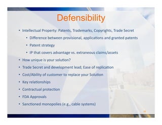 •  Intellectual	
  Property:	
  Patents,	
  Trademarks,	
  Copyrights,	
  Trade	
  Secret	
  
•  Diﬀerence	
  between	
  provisional,	
  applicaOons	
  and	
  granted	
  patents	
  
•  Patent	
  strategy	
  
•  IP	
  that	
  covers	
  advantage	
  vs.	
  extraneous	
  claims/assets	
  
•  How	
  unique	
  is	
  your	
  soluOon?	
  
•  Trade	
  Secret	
  and	
  development	
  lead;	
  Ease	
  of	
  replicaOon	
  
•  Cost/Ability	
  of	
  customer	
  to	
  replace	
  your	
  SoluOon	
  
•  Key	
  relaOonships	
  	
  
•  Contractual	
  protecOon	
  
•  FDA	
  Approvals	
  
•  SancOoned	
  monopolies	
  (e.g.,	
  cable	
  systems)	
  
Defensibility
16	
  
 