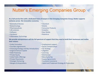 Nutter’s Emerging Companies Group
3	
  
As	
  a	
  full	
  service	
  ﬁrm	
  with	
  a	
  dedicated	
  team	
  of	
  lawyers	
  in	
  the	
  Emerging	
  Companies	
  Group,	
  Nu=er	
  supports	
  
ventures	
  across	
  	
  the	
  innova>on	
  economy:	
  
• Biomedical	
  Devices	
  
• Biotechnology	
  
• PharmaceuOcals	
  
• Life	
  sciences	
  	
  
• SoJware	
  
• Hardware	
  
• InformaOon	
  Technology	
  	
  
• Cleantech	
  
• Mobile	
  
• Consumer	
  Products	
  
• AnalyOcs	
  
• New	
  Media	
  	
  
• RoboOcsa	
  
We	
  provide	
  entrepreneurs	
  will	
  the	
  full	
  spectrum	
  of	
  support	
  that	
  they	
  need	
  to	
  build	
  their	
  businesses	
  and	
  realize	
  
their	
  visions:	
  
• EnOty	
  FormaOon	
  
• Founders	
  Agreements	
  
• Financing	
  Strategy	
  and	
  Key	
  IntroducOons	
  
• Angel	
  &	
  Venture	
  Capital	
  	
  
• Debt	
  Financing	
  
• Private	
  Equity	
  
• IniOal	
  Public	
  Oﬀerings	
  
• Private	
  Placements	
  
• Strategic	
  Partnering	
  
• Mergers	
  &	
  AcquisiOons	
  
• Employment	
  support	
  
• Equity	
  CompensaOon	
  
• Tax	
  Strategy	
  
• LiOgaOon	
  
• Licensing	
  
• DistribuOon	
  
• Manufacturing	
  
• Supply	
  Agreements	
  
• Electronic	
  Commerce	
  
• Patent	
  and	
  Trademark	
  Strategy	
  &	
  ProsecuOon	
  
 