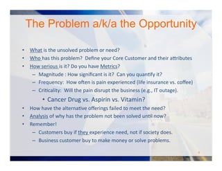 The Problem a/k/a the Opportunity
•  What	
  is	
  the	
  unsolved	
  problem	
  or	
  need?	
  	
  	
  
•  Who	
  has	
  this	
  problem?	
  	
  Deﬁne	
  your	
  Core	
  Customer	
  and	
  their	
  a#ributes	
  
•  How	
  serious	
  is	
  it?	
  Do	
  you	
  have	
  Metrics?	
  	
  	
  
–  Magnitude	
  :	
  How	
  signiﬁcant	
  is	
  it?	
  	
  Can	
  you	
  quanOfy	
  it?	
  
–  Frequency:	
  	
  How	
  oJen	
  is	
  pain	
  experienced	
  (life	
  insurance	
  vs.	
  coﬀee)	
  
–  CriOcality:	
  	
  Will	
  the	
  pain	
  disrupt	
  the	
  business	
  (e.g.,	
  IT	
  outage).	
  
•  Cancer	
  Drug	
  vs.	
  Aspirin	
  vs.	
  Vitamin?	
  	
  
•  How	
  have	
  the	
  alternaOve	
  oﬀerings	
  failed	
  to	
  meet	
  the	
  need?	
  
•  Analysis	
  of	
  why	
  has	
  the	
  problem	
  not	
  been	
  solved	
  unOl	
  now?	
  
•  Remember!	
  
–  Customers	
  buy	
  if	
  they	
  experience	
  need,	
  not	
  if	
  society	
  does.	
  
–  Business	
  customer	
  buy	
  to	
  make	
  money	
  or	
  solve	
  problems.	
  
6	
  
 