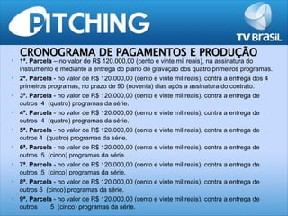 CRONOGRAMA DE PAGAMENTOS E PRODUÇÃO
   1ª. Parcela – no valor de R$ 120.000,00 (cento e vinte mil reais), na assinatura do
    instrumento e mediante a entrega do plano de gravação dos quatro primeiros programas.
   2ª. Parcela - no valor de R$ 120.000,00 (cento e vinte mil reais), contra a entrega dos 4
    primeiros programas, no prazo de 90 (noventa) dias após a assinatura do contrato.
   3ª. Parcela - no valor de R$ 120.000,00 (cento e vinte mil reais), contra a entrega de
    outros 4 (quatro) programas da série.
   4ª. Parcela - no valor de R$ 120.000,00 (cento e vinte mil reais), contra a entrega de
    outros 4 (quatro) programas da série.
   5ª. Parcela - no valor de R$ 120.000,00 (cento e vinte mil reais), contra a entrega de
    outros 4 (quatro) programas da série.
   6ª. Parcela - no valor de R$ 120.000,00 (cento e vinte mil reais), contra a entrega de
    outros 5 (cinco) programas da série.
   7ª. Parcela - no valor de R$ 120.000,00 (cento e vinte mil reais), contra a entrega de
    outros 5 (cinco) programas da série.
   8ª. Parcela - no valor de R$ 120.000,00 (cento e vinte mil reais), contra a entrega de
    outros 5 (cinco) programas da série.
   9ª. Parcela - no valor de R$ 120.000,00 (cento e vinte mil reais), contra a entrega de
    outros     5 (cinco) programas da série.
 