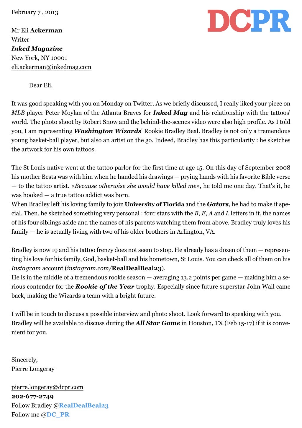 Pitch Letter for Bradley Beal