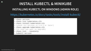 INSTALL KUBECTL & MINIKUBE
INSTALLING KUBECTL ON WINDOWS (ADMIN ROLE)
https://kubernetes.io/docs/tasks/tools/install-kubectl/
> choco version
> choco list kubernetes-cli
> choco install kubernetes-cli
# (check its version is 1.8.1 or later)
> choco upgrade kubernetes-cli
# (in case you want to upgrade)
> choco list --localonly
> kubectl version
Oracle Monthly Meetup. 2017-11-18
 